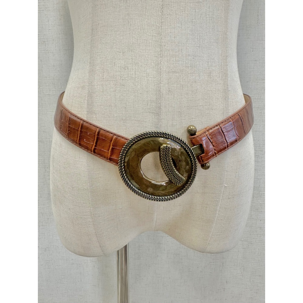 Croc Embossed Brown Leather Belt Women Small Brass Round Buckle 40447C